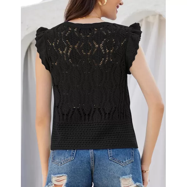 GRACE KARIN Crochet Cropped Cardigan Sweater Vest Ruffle Sleeve Lace Button Up Lightweight Bolero Shrugs for Dress Top 2024Black