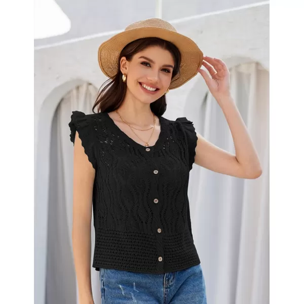 GRACE KARIN Crochet Cropped Cardigan Sweater Vest Ruffle Sleeve Lace Button Up Lightweight Bolero Shrugs for Dress Top 2024Black