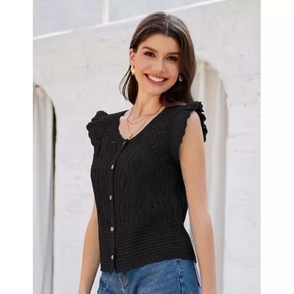 GRACE KARIN Crochet Cropped Cardigan Sweater Vest Ruffle Sleeve Lace Button Up Lightweight Bolero Shrugs for Dress Top 2024Black