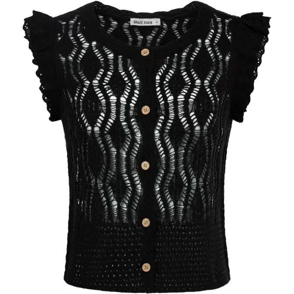 GRACE KARIN Crochet Cropped Cardigan Sweater Vest Ruffle Sleeve Lace Button Up Lightweight Bolero Shrugs for Dress Top 2024Black