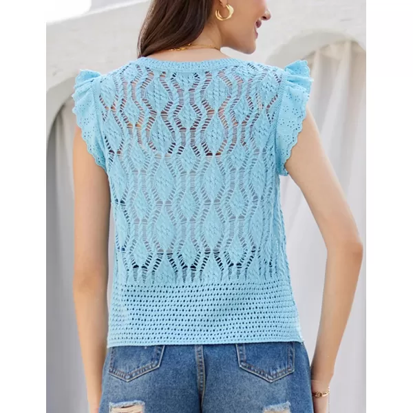 GRACE KARIN Crochet Cropped Cardigan Sweater Vest Ruffle Sleeve Lace Button Up Lightweight Bolero Shrugs for Dress Top 2024Blue