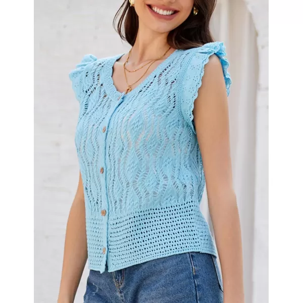 GRACE KARIN Crochet Cropped Cardigan Sweater Vest Ruffle Sleeve Lace Button Up Lightweight Bolero Shrugs for Dress Top 2024Blue