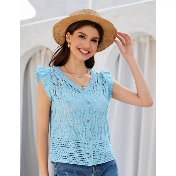 GRACE KARIN Crochet Cropped Cardigan Sweater Vest Ruffle Sleeve Lace Button Up Lightweight Bolero Shrugs for Dress Top 2024Blue