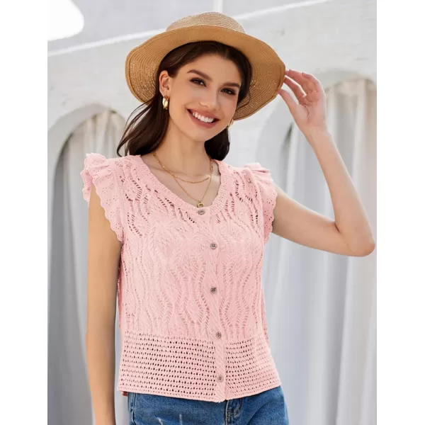 GRACE KARIN Crochet Cropped Cardigan Sweater Vest Ruffle Sleeve Lace Button Up Lightweight Bolero Shrugs for Dress Top 2024Pink