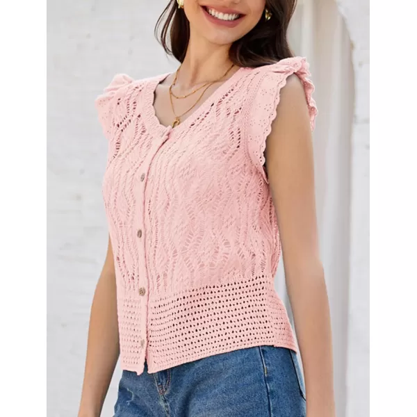 GRACE KARIN Crochet Cropped Cardigan Sweater Vest Ruffle Sleeve Lace Button Up Lightweight Bolero Shrugs for Dress Top 2024Pink
