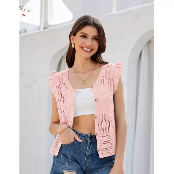 GRACE KARIN Crochet Cropped Cardigan Sweater Vest Ruffle Sleeve Lace Button Up Lightweight Bolero Shrugs for Dress Top 2024Pink
