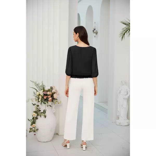 GRACE KARIN Elegant Blouses for Women 34 Chiffon Lantern Sleeve V Neck Elastic High Waist Slit Cutout Tops Office WorkBlack