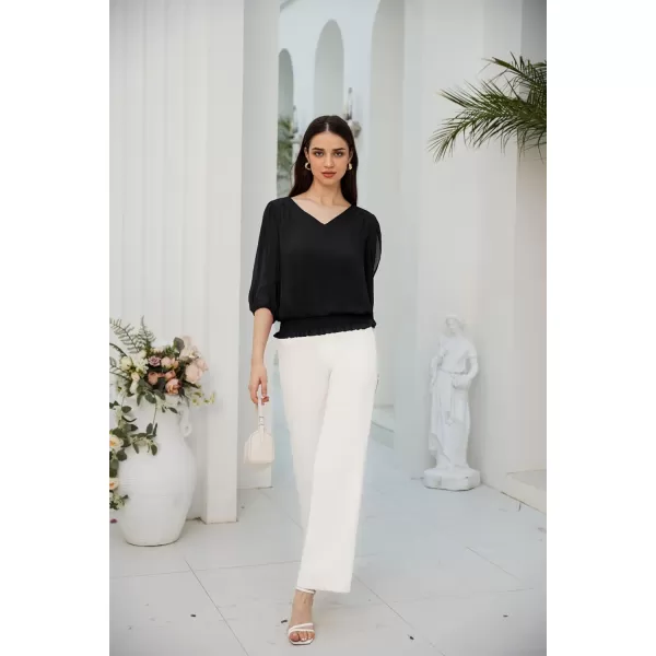 GRACE KARIN Elegant Blouses for Women 34 Chiffon Lantern Sleeve V Neck Elastic High Waist Slit Cutout Tops Office WorkBlack