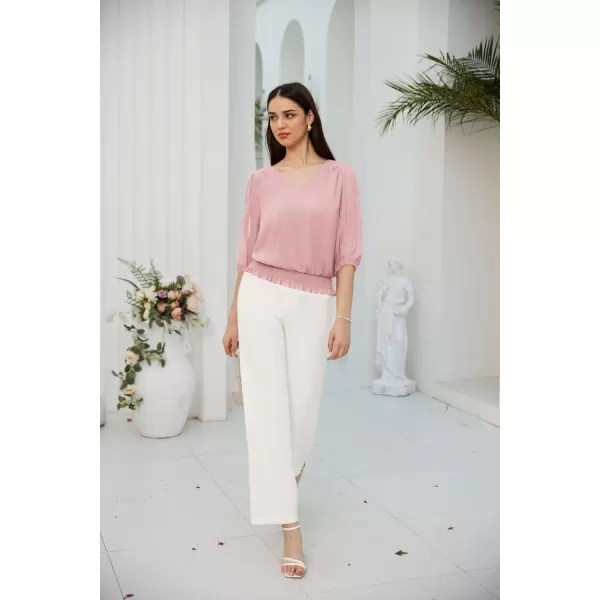 GRACE KARIN Elegant Blouses for Women 34 Chiffon Lantern Sleeve V Neck Elastic High Waist Slit Cutout Tops Office WorkLight Pink