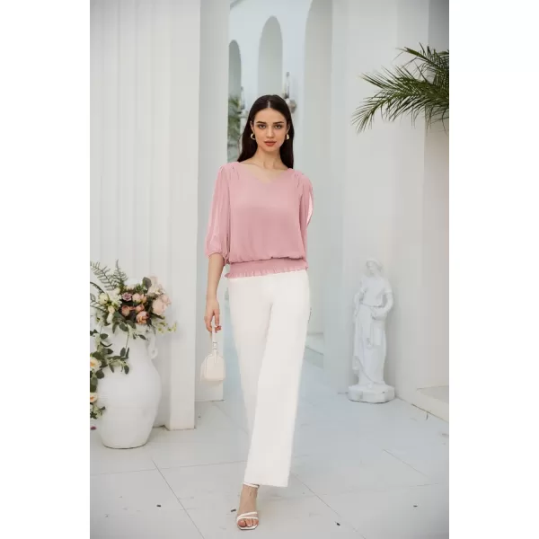 GRACE KARIN Elegant Blouses for Women 34 Chiffon Lantern Sleeve V Neck Elastic High Waist Slit Cutout Tops Office WorkLight Pink