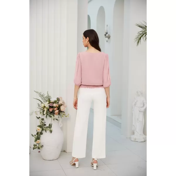 GRACE KARIN Elegant Blouses for Women 34 Chiffon Lantern Sleeve V Neck Elastic High Waist Slit Cutout Tops Office WorkLight Pink