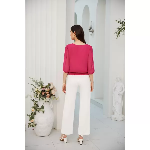 GRACE KARIN Elegant Blouses for Women 34 Chiffon Lantern Sleeve V Neck Elastic High Waist Slit Cutout Tops Office WorkRose Red