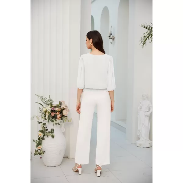 GRACE KARIN Elegant Blouses for Women 34 Chiffon Lantern Sleeve V Neck Elastic High Waist Slit Cutout Tops Office WorkWhite