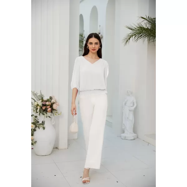 GRACE KARIN Elegant Blouses for Women 34 Chiffon Lantern Sleeve V Neck Elastic High Waist Slit Cutout Tops Office WorkWhite