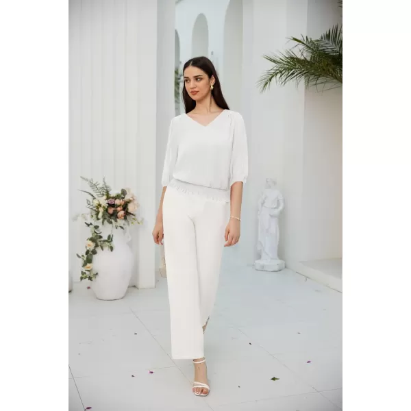 GRACE KARIN Elegant Blouses for Women 34 Chiffon Lantern Sleeve V Neck Elastic High Waist Slit Cutout Tops Office WorkWhite