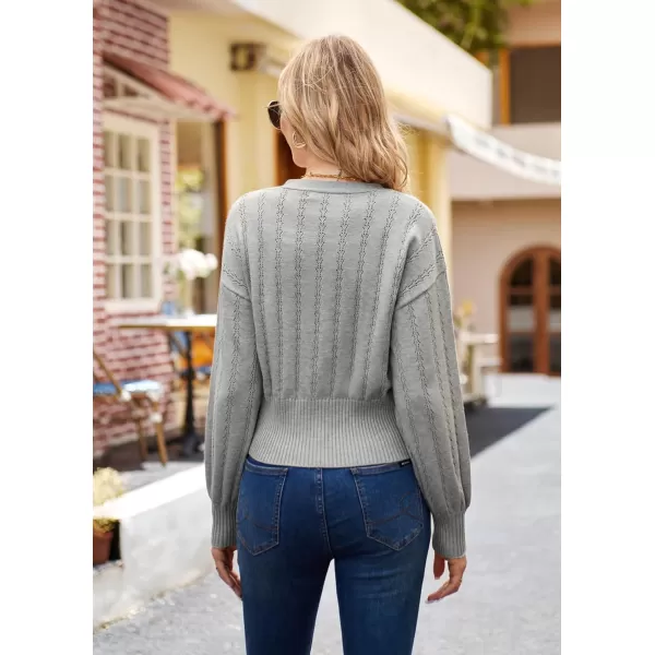 GRACE KARIN Fall Cardigan Sweaters for Women Soft Crochet Knit V Neck Long Lantern Sleeve Cropped Sweater TopGray1