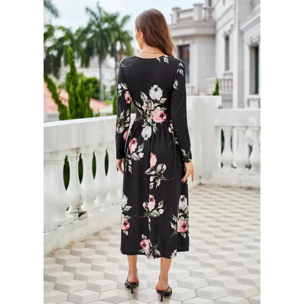 GRACE KARIN Floral Fall Dress for Women A Line Casual Flowy High Waist Long Sleeve Fit and Flare Dresses with PocketsBlack