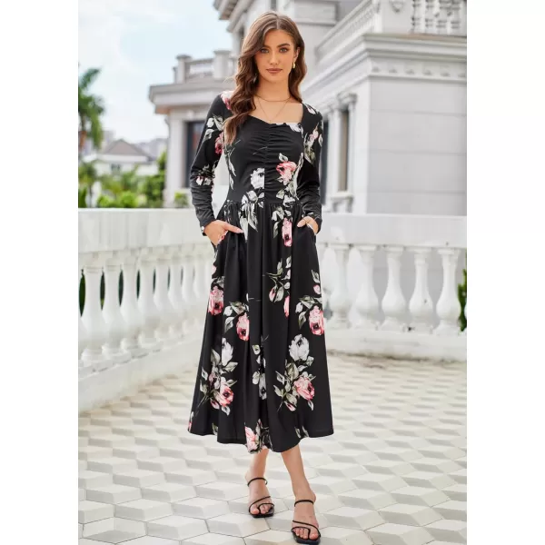 GRACE KARIN Floral Fall Dress for Women A Line Casual Flowy High Waist Long Sleeve Fit and Flare Dresses with PocketsBlack