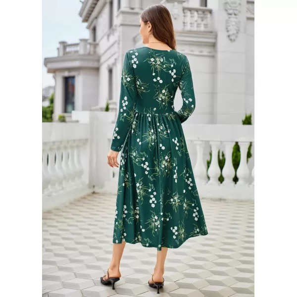 GRACE KARIN Floral Fall Dress for Women A Line Casual Flowy High Waist Long Sleeve Fit and Flare Dresses with PocketsDark Green
