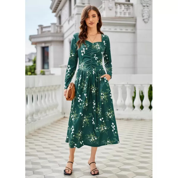 GRACE KARIN Floral Fall Dress for Women A Line Casual Flowy High Waist Long Sleeve Fit and Flare Dresses with PocketsDark Green
