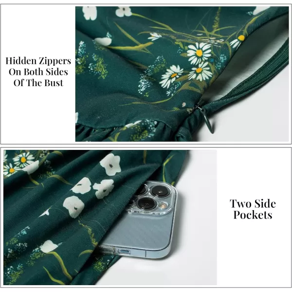 GRACE KARIN Floral Fall Dress for Women A Line Casual Flowy High Waist Long Sleeve Fit and Flare Dresses with PocketsDark Green