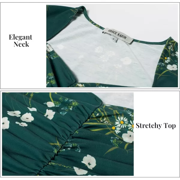 GRACE KARIN Floral Fall Dress for Women A Line Casual Flowy High Waist Long Sleeve Fit and Flare Dresses with PocketsDark Green