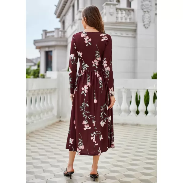 GRACE KARIN Floral Fall Dress for Women A Line Casual Flowy High Waist Long Sleeve Fit and Flare Dresses with PocketsRed