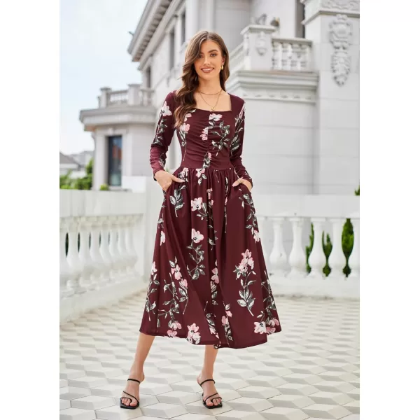 GRACE KARIN Floral Fall Dress for Women A Line Casual Flowy High Waist Long Sleeve Fit and Flare Dresses with PocketsRed