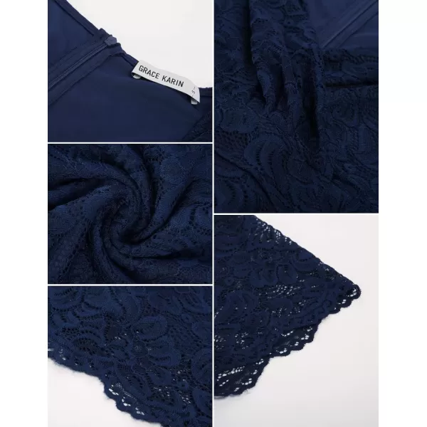 GRACE KARIN Floral Lace Dress for Women Short Sleeve V Neck Wedding Guest Dress with Belt Cocktail PartyNavy Blue