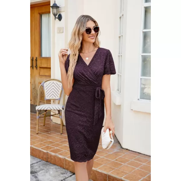 GRACE KARIN Floral Lace Dress for Women Short Sleeve V Neck Wedding Guest Dress with Belt Cocktail PartyPurple