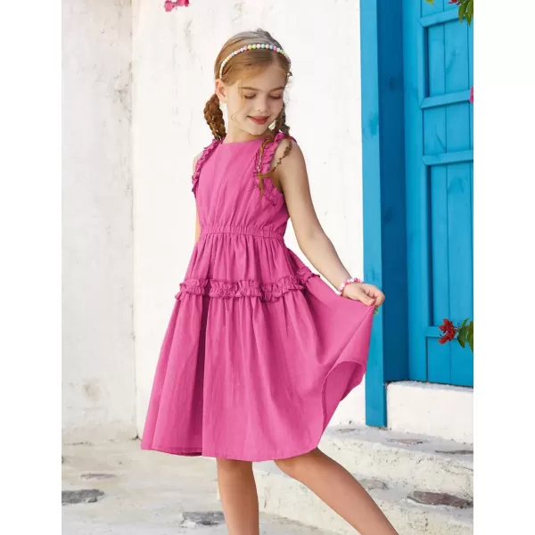 GRACE KARIN Girl Cotton Summer Dress Sleeveless Ruffle Tiered Flowy ALine Crew Neck Midi Casual Sundress 512YDeep Pink