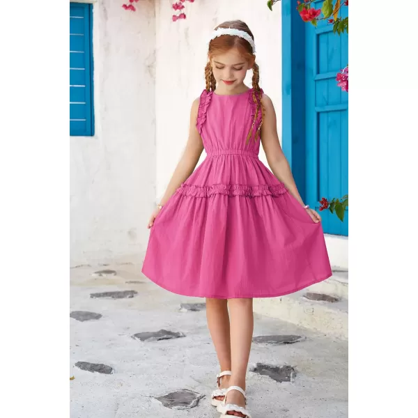 GRACE KARIN Girl Cotton Summer Dress Sleeveless Ruffle Tiered Flowy ALine Crew Neck Midi Casual Sundress 512YDeep Pink