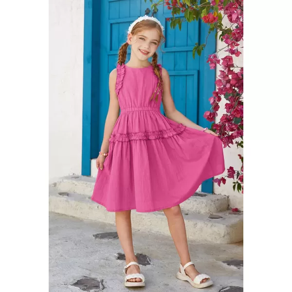 GRACE KARIN Girl Cotton Summer Dress Sleeveless Ruffle Tiered Flowy ALine Crew Neck Midi Casual Sundress 512YDeep Pink