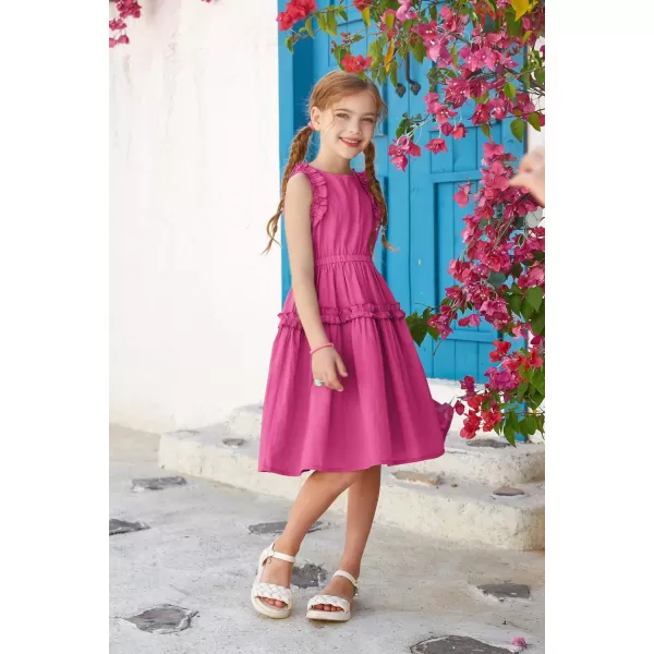 GRACE KARIN Girl Cotton Summer Dress Sleeveless Ruffle Tiered Flowy ALine Crew Neck Midi Casual Sundress 512YDeep Pink