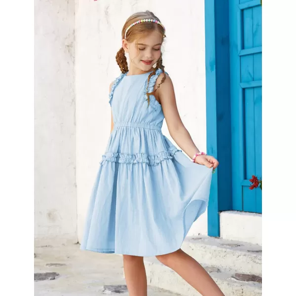 GRACE KARIN Girl Cotton Summer Dress Sleeveless Ruffle Tiered Flowy ALine Crew Neck Midi Casual Sundress 512YLight Blue