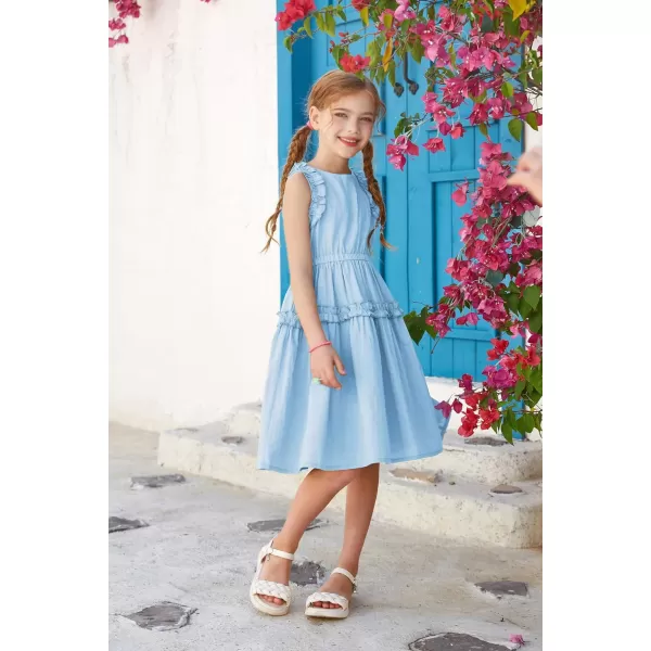 GRACE KARIN Girl Cotton Summer Dress Sleeveless Ruffle Tiered Flowy ALine Crew Neck Midi Casual Sundress 512YLight Blue