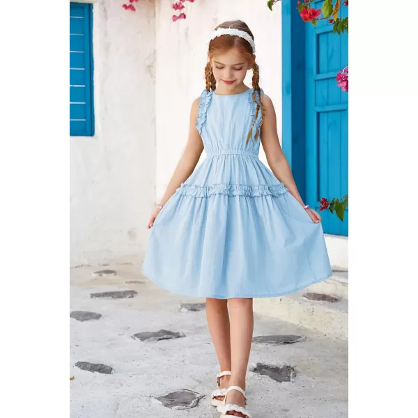 GRACE KARIN Girl Cotton Summer Dress Sleeveless Ruffle Tiered Flowy ALine Crew Neck Midi Casual Sundress 512YLight Blue