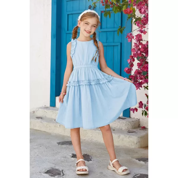 GRACE KARIN Girl Cotton Summer Dress Sleeveless Ruffle Tiered Flowy ALine Crew Neck Midi Casual Sundress 512YLight Blue