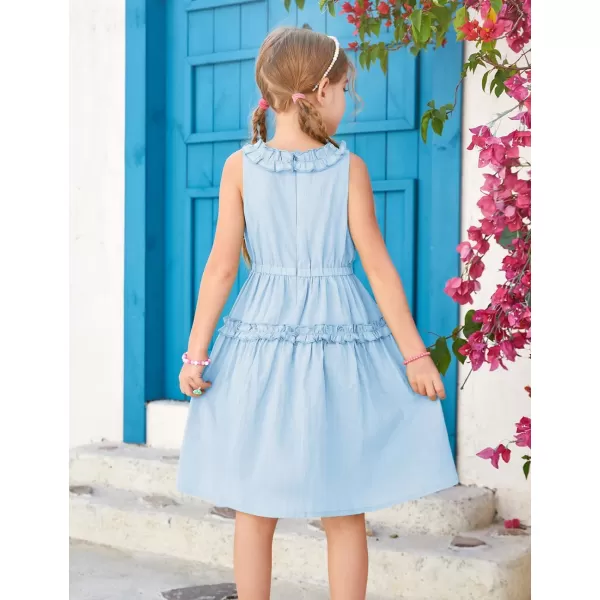 GRACE KARIN Girl Cotton Summer Dress Sleeveless Ruffle Tiered Flowy ALine Crew Neck Midi Casual Sundress 512YLight Blue