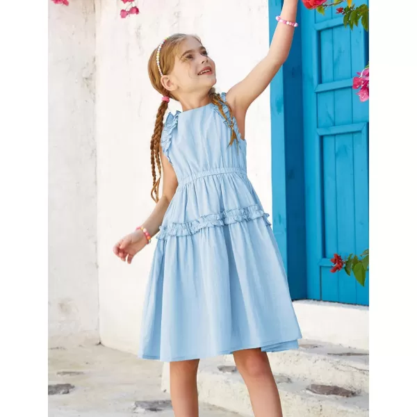 GRACE KARIN Girl Cotton Summer Dress Sleeveless Ruffle Tiered Flowy ALine Crew Neck Midi Casual Sundress 512YLight Blue