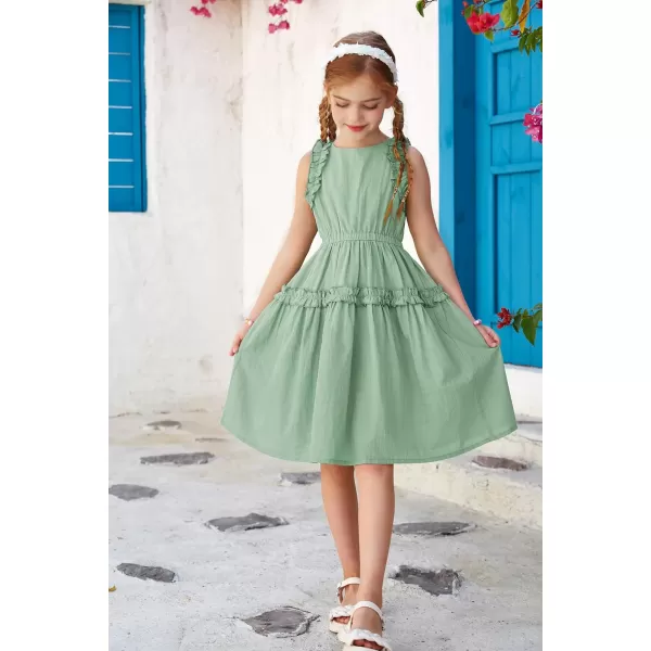 GRACE KARIN Girl Cotton Summer Dress Sleeveless Ruffle Tiered Flowy ALine Crew Neck Midi Casual Sundress 512YLight Green