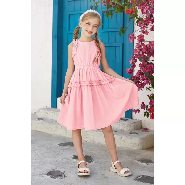 GRACE KARIN Girl Cotton Summer Dress Sleeveless Ruffle Tiered Flowy ALine Crew Neck Midi Casual Sundress 512YLight Pink