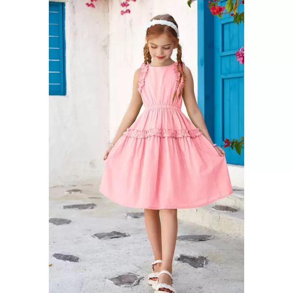 GRACE KARIN Girl Cotton Summer Dress Sleeveless Ruffle Tiered Flowy ALine Crew Neck Midi Casual Sundress 512YLight Pink