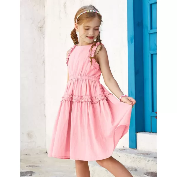 GRACE KARIN Girl Cotton Summer Dress Sleeveless Ruffle Tiered Flowy ALine Crew Neck Midi Casual Sundress 512YLight Pink