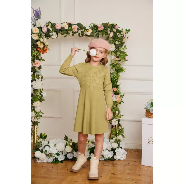 GRACE KARIN Girl Dress Long Sleeve Sweater Ruffle Button Front Knit Casual Fall Winter Dresses for Girls 512Grass Yellow