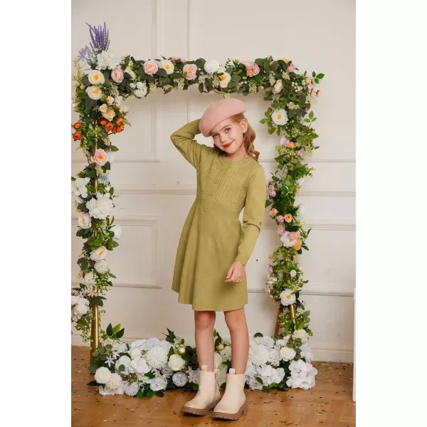 GRACE KARIN Girl Dress Long Sleeve Sweater Ruffle Button Front Knit Casual Fall Winter Dresses for Girls 512Grass Yellow