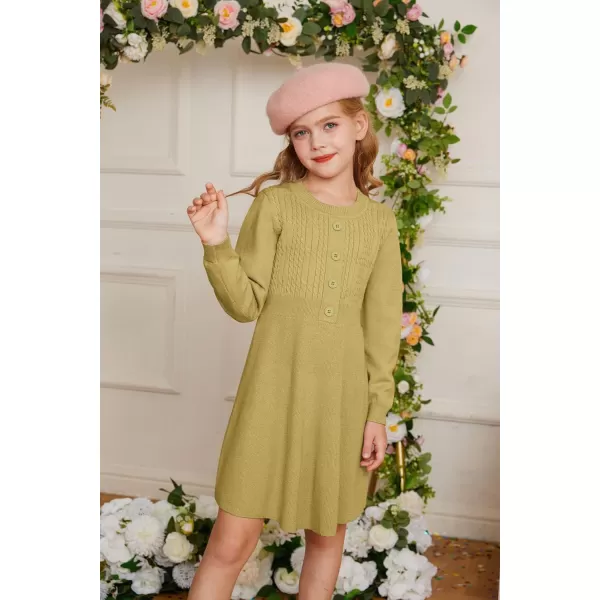 GRACE KARIN Girl Dress Long Sleeve Sweater Ruffle Button Front Knit Casual Fall Winter Dresses for Girls 512Grass Yellow