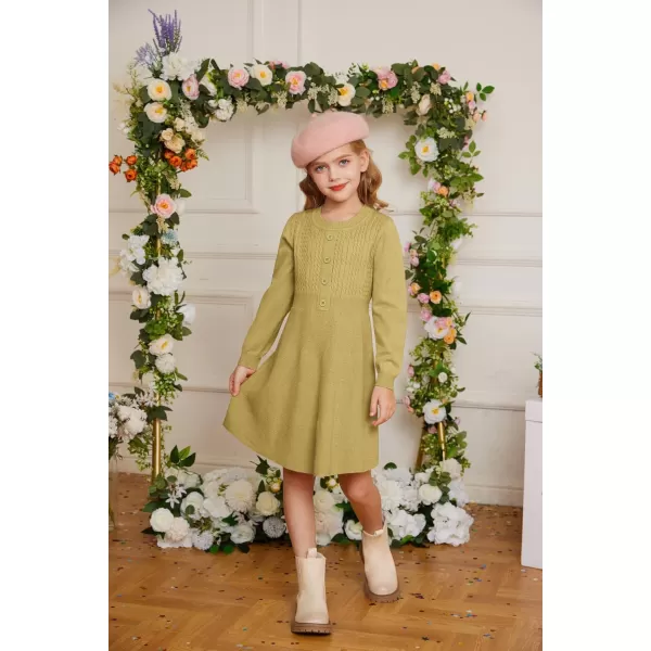 GRACE KARIN Girl Dress Long Sleeve Sweater Ruffle Button Front Knit Casual Fall Winter Dresses for Girls 512Grass Yellow