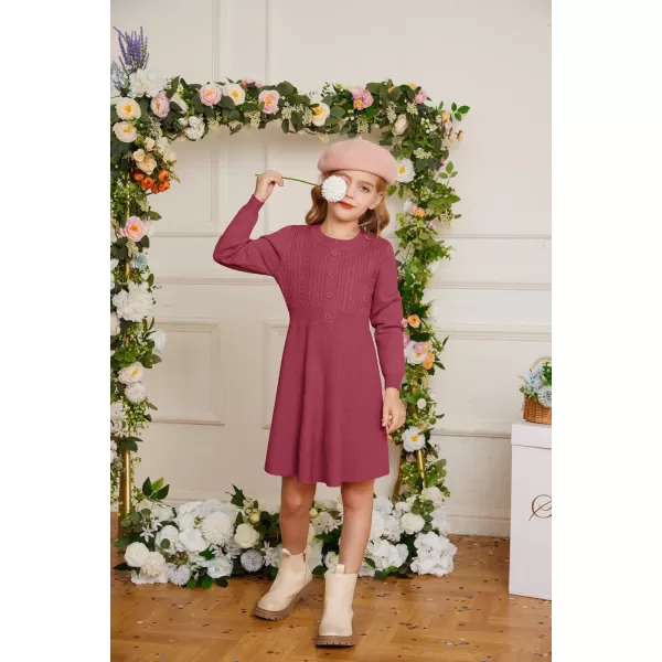 GRACE KARIN Girl Dress Long Sleeve Sweater Ruffle Button Front Knit Casual Fall Winter Dresses for Girls 512Hot Pink