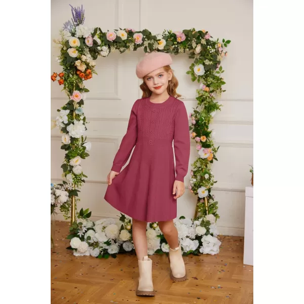 GRACE KARIN Girl Dress Long Sleeve Sweater Ruffle Button Front Knit Casual Fall Winter Dresses for Girls 512Hot Pink